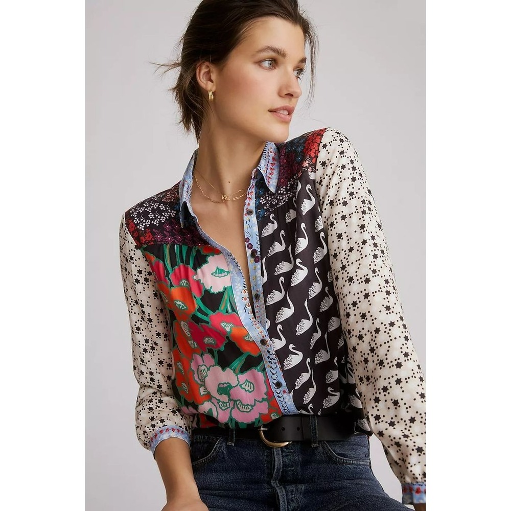 Maeve Anthropologie The Paz Mixed Print Button Down Shirt Blouse XS Swan Poppies